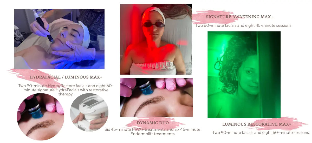 Advanced glow treatment series combining HydraFacial, MAX+ LED, and Endermolift for collagen boosting, skin firming, and radiant renewal